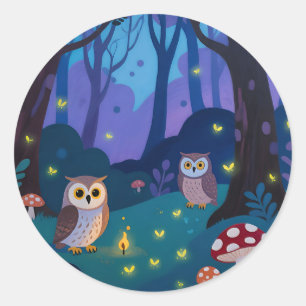 Nacht bos uilen illustratie ronde sticker