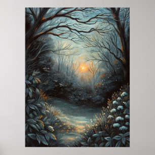 Nacht Bos Zonsondergang Rivier Kunst Poster