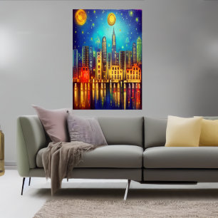 Nacht in de stad bij het meer AI Art Poster
