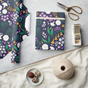 Nacht Maan Tuin Bloemen Botanisch Patroon Cadeaupapier