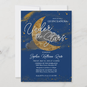 Nacht onder de sterren Blue Gold Moon Quinceanera Kaart