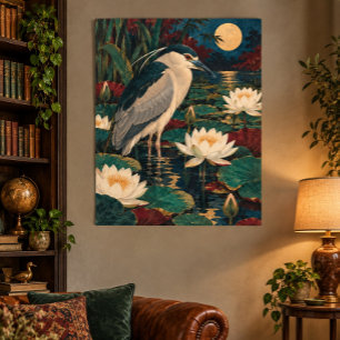 Nacht Reiger Tussen Waterlelies Kunstprint Poster
