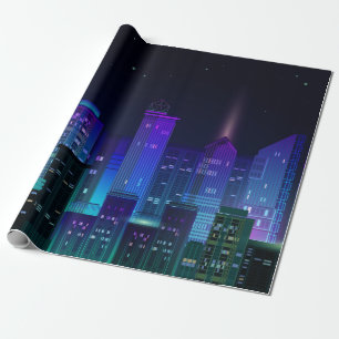 Nacht-stedelijk panorama met neongloed op donkere cadeaupapier