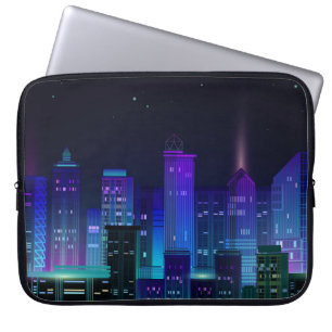 Nacht-stedelijk panorama met neongloed op donkere laptop sleeve