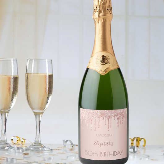 Nachtavond roos goudglitter vrouwen sparkling wijnetiket