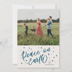 Nachtblauwe vrede op aarde Lettering Foto Feestdagenkaart
