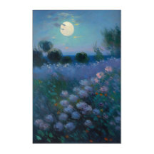 Nachtbloei wilde bloemen volle maan schilderij