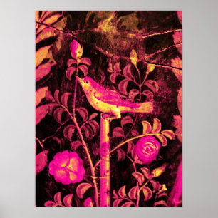 NACHTEGAAL MET ROZEN, Roze Fuchsia Zwart Geel Poster
