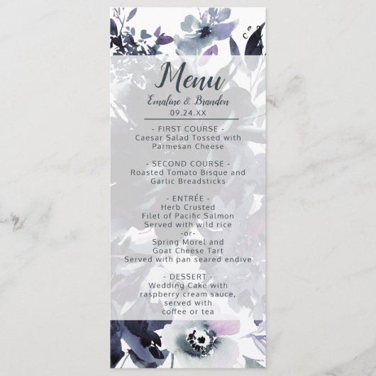 Nachtelijk Bloemen Navy Blauw Chic Waterverf Diner Menu (Voorkant)