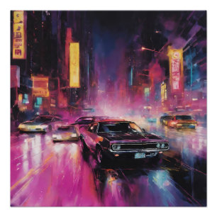 Nachtelijk straatracen in Vibrant City Perfect Poster