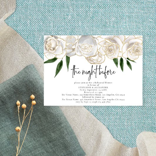 Nachtelijk voor White Florals Script Rehearsal Din Kaart