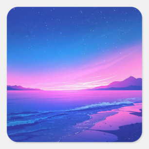 Nachtelijke hemel boven roze en paarse strandlijn vierkante sticker
