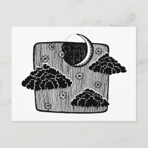 Nachtelijke hemel Halve maan wolken Handgetekende  Briefkaart