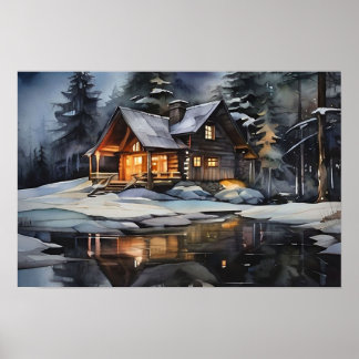 Nachtelijke knusse wintercabin poster
