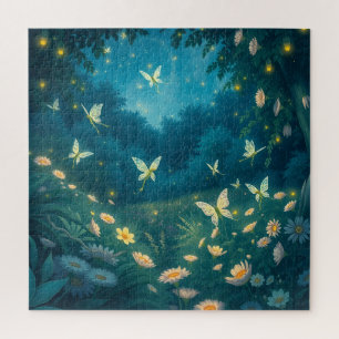 Nachtelijke tuin met bloemen en vuurvliegjes legpuzzel
