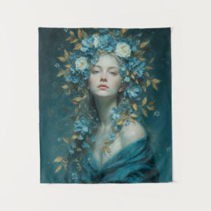 Nachtgodin in Blauwe Bloemen Wandkleed