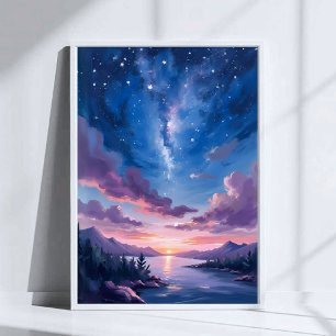 Nachthemel   Sterrenmeer Paarse Waterverf Poster