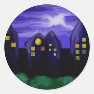 Nachtlucht stad wolkenkrabber canvas kunst ronde sticker