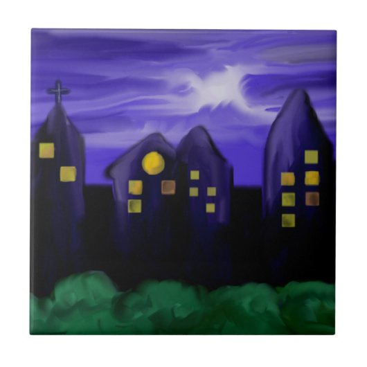 Nachtlucht stad wolkenkrabber canvas kunst tegeltje (Voorkant)