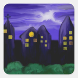 Nachtlucht stad wolkenkrabber canvas kunst vierkante sticker