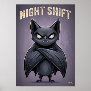 Nachtploeg – Grappig Boze Vleermuis Cartoon Person Poster