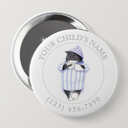 NACHTSHIRT KAT Kind ID Button - Wit (Voorkant /achterkant)