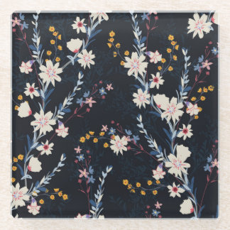 Nachttuin Bloemen Navy Patroon Glazen Onderzetter