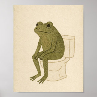 Nadenkende kikker zittend op een toilet Vintage ki Poster