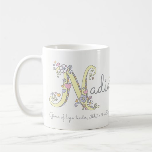 Nadia-naam die decoratieve N-monogram-mok betekent Koffiemok (Links)