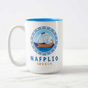 Nafplio, Griekenland Grieks scheepsontwerp Tweekleurige Koffiemok