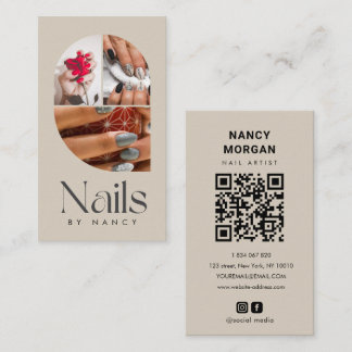 Nagel Salon Moderne Boog Foto Collage Qr Code Beig Visitekaartje