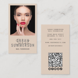 Nagel Salon QR Code Foto Script Beige Visitekaartje