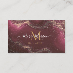 Nagelartiest Luxe Burgundy Agaat Gouden Monogram Visitekaartje