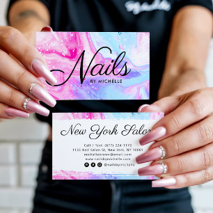 Nagelsalon roze blauw girly abstracte waterverf ku visitekaartje