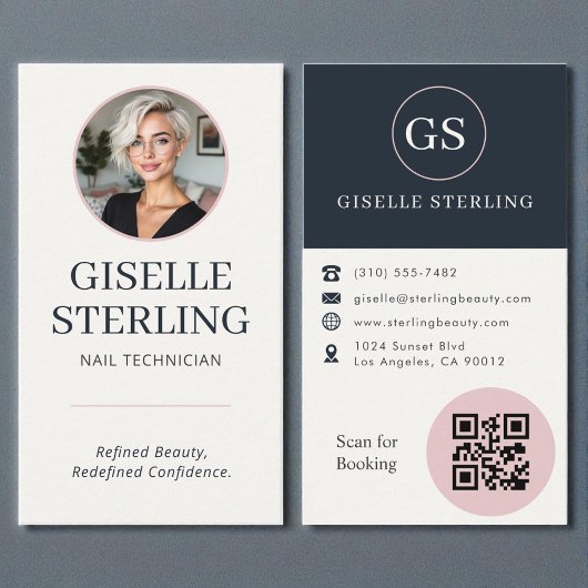 Nagelstyliste Blush & Navy Foto QR Code Visitekaartje