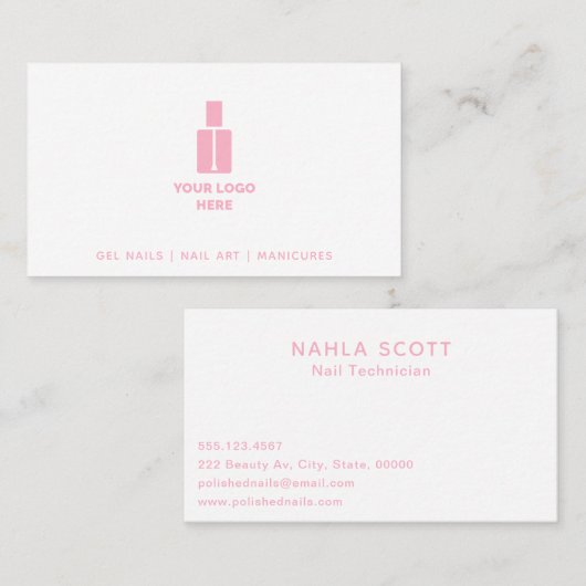Nageltechnicus Salon Voeg uw Logo roze tekst toe Visitekaartje (Voorkant / Achterkant)