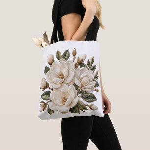 Nagemaakte 3D geborduurde witte magnolia-illustrat Draagtas