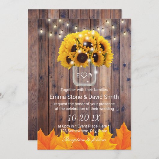 Naherfst Sunflower Jar String Lights Rustic Weddin Kaart (Voorkant / Achterkant)