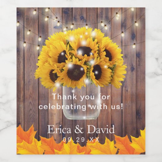 Naherfst Sunflower Jar String Lights Rustic Weddin Wijn Etiket (Enkel label)