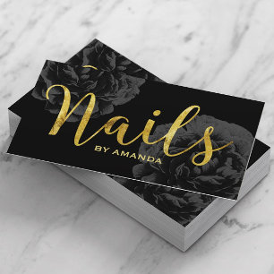 Nail Salon Gold Script Elegant Black Floral Visitekaartje
