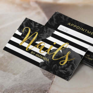 Nail Salon Modern Stripes Black Floral Appointes Afsprakenkaartje