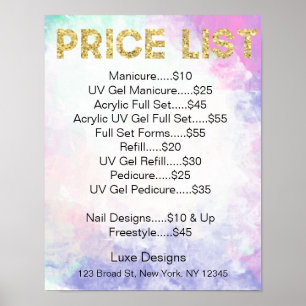 Nail Salon Price List Waterverf, Gold Glitter Poster