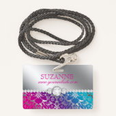 Nail Salon Technicia Floral Damask Pink Blue  Badge (Achterkant met draagriem)