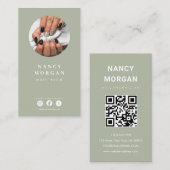 Nail Tech Qr Code Photo Sage Green  Visitekaartje (Voorkant / Achterkant)