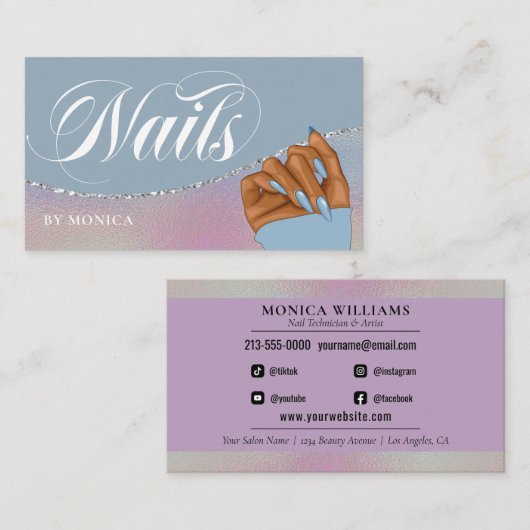 Nail Tech & Salon Blue Rainbow Metallic Elegant Visitekaartje (Voorkant / Achterkant)