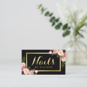 Nail Technicia Salon Black Gold Floral Script Visitekaartje (Staand voorkant)