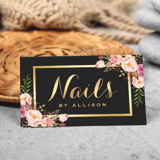 Nail Technicia Salon Black Gold Floral Script Visitekaartje
