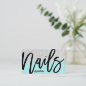 Nail Technician Mint Silver Glitter Typography Visitekaartje (Staand voorkant)