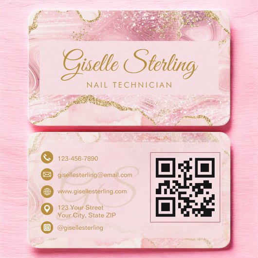 Nail Technician Pink Gold Agate QR Code Visitekaartje