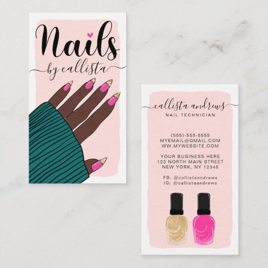 Nail-technicus Girly Pink Gold Hand Illustratie Visitekaartje (Voorkant / Achterkant)